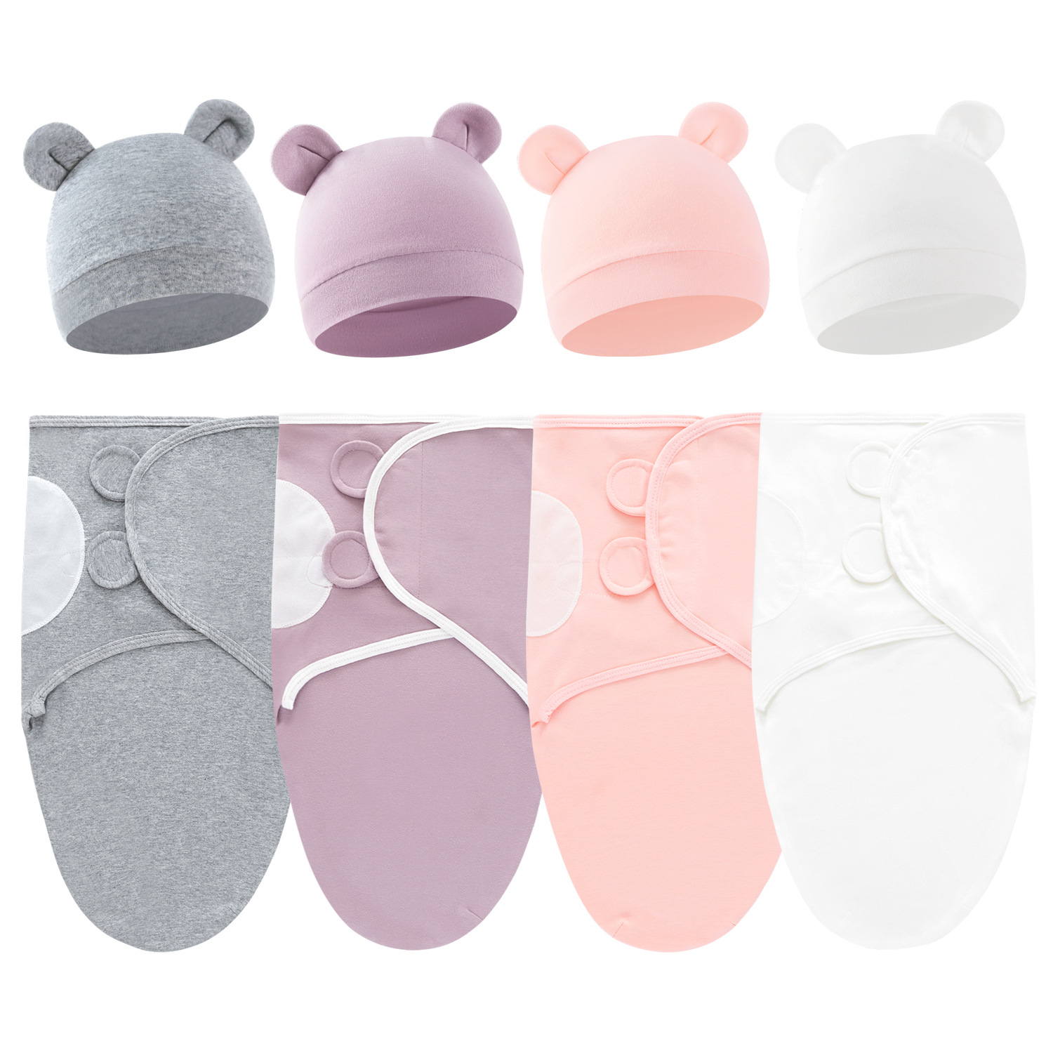 Baby Sleep Sack - かわいいクマの綿新生児おくるみラップ + 帽子セット驚愕防止ベビー寝袋幼児寝間着 0-6 ヶ月