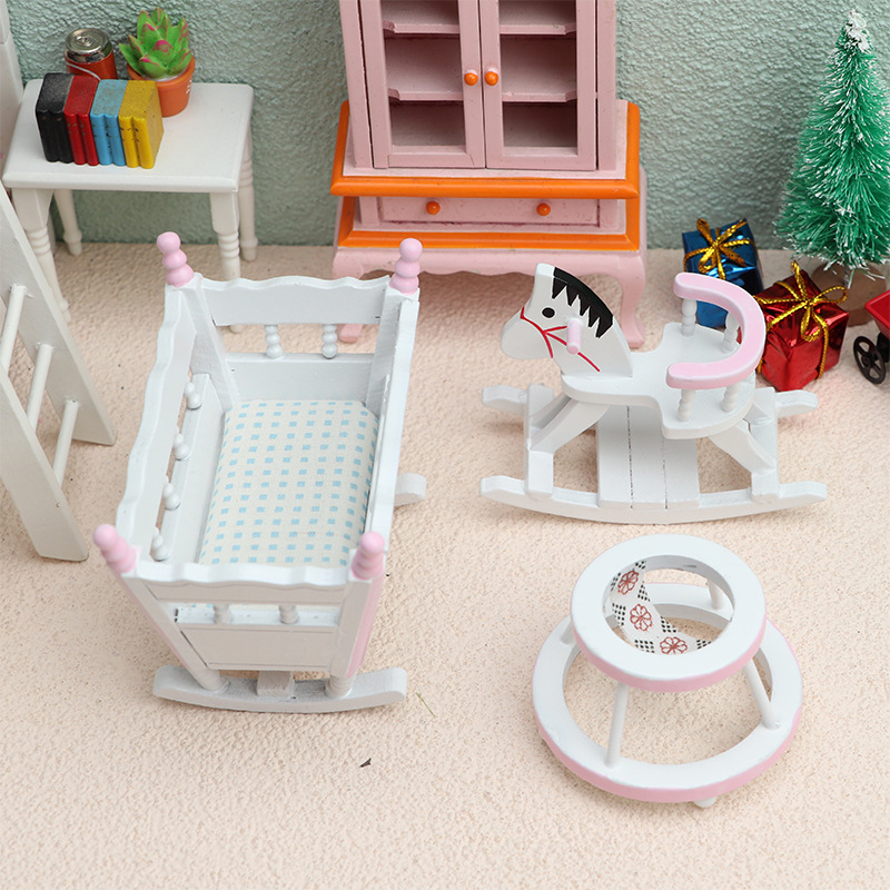 Baby Products Set - 3個セット 1/12スケール ミニ木製子供用ゆりかご 小型木製馬とゴーカート ベビーウォーカーモデル 6インチボディ用